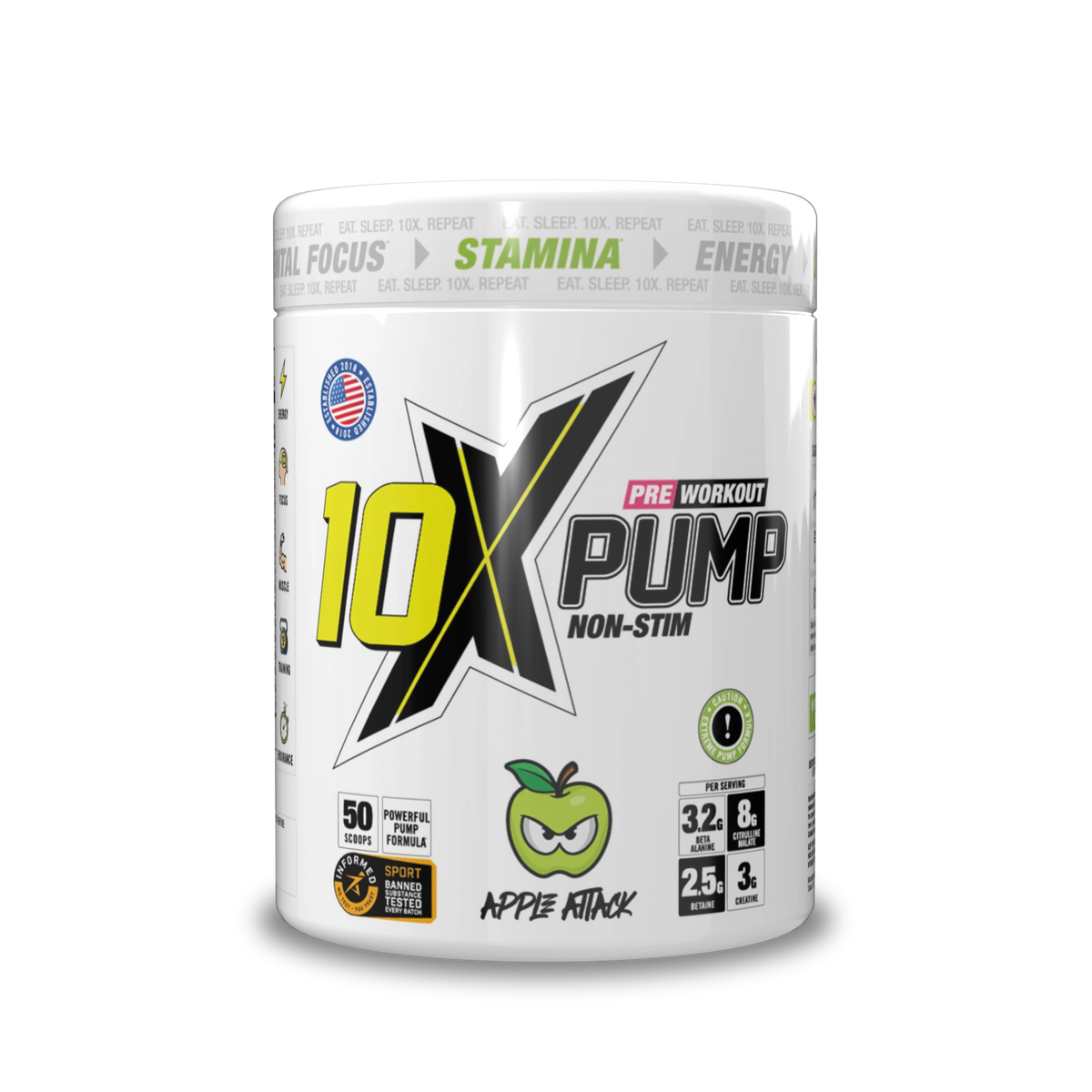 A container of 10X PUMP non-stim pre-workout supplement with apple flavor, highlighting ingredients like Citrulline Malate and Beta Alanine for focus, stamina, and energy.