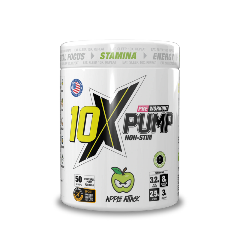 A container of 10X PUMP non-stim pre-workout supplement with apple flavor, highlighting ingredients like Citrulline Malate and Beta Alanine for focus, stamina, and energy.