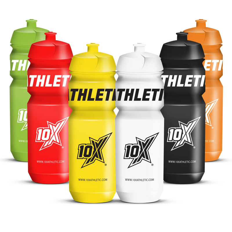 Six 10X Athlete water bottles in assorted colors (green, red, yellow, white, black, and orange) arranged in a row against a solid white background.