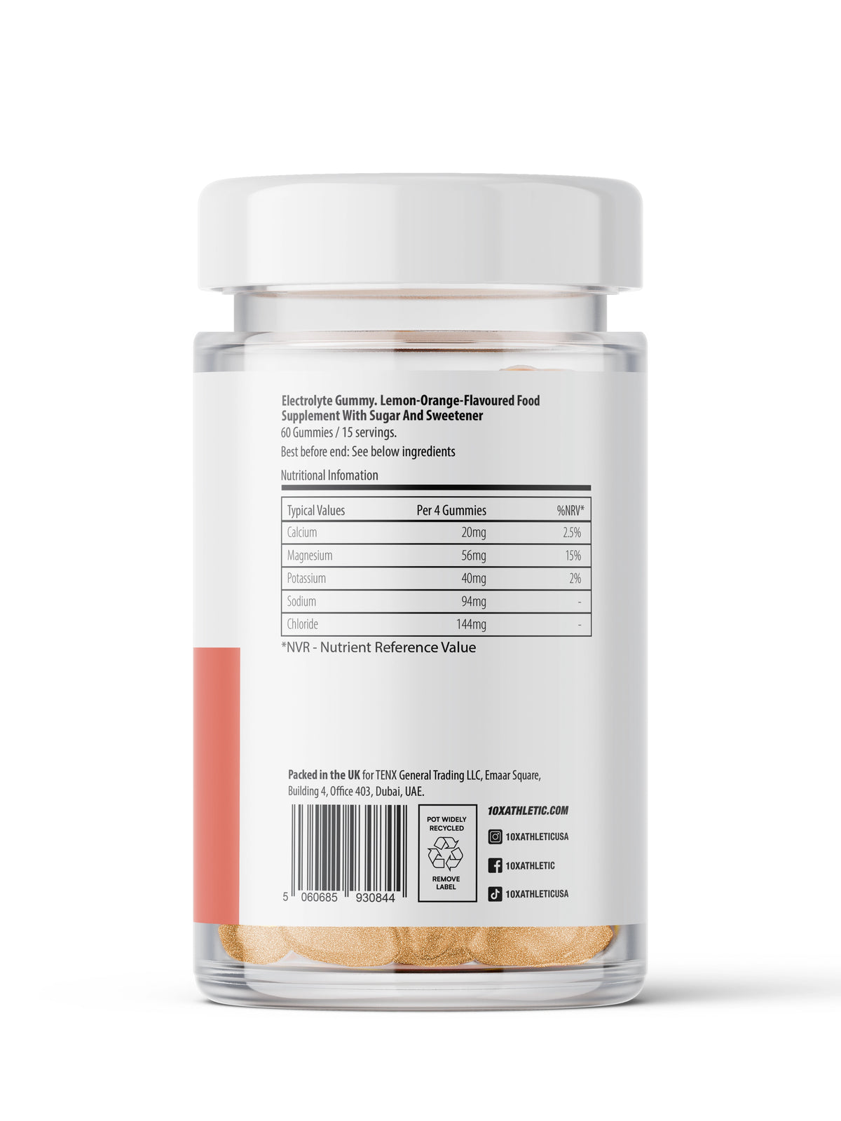 Jar of Electrolyte gummy vitamins with a label on a white background